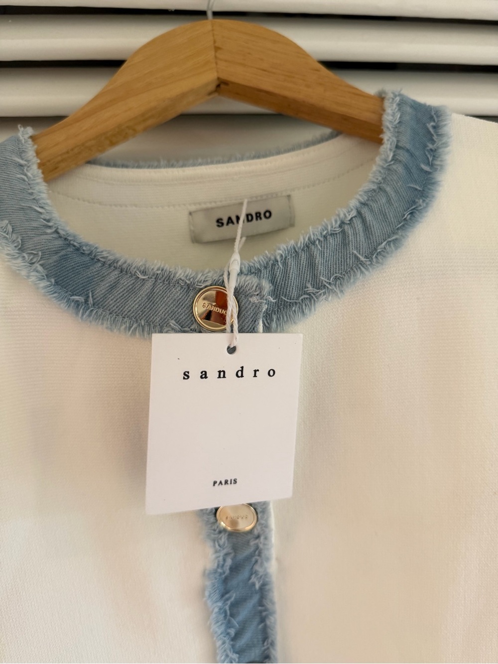 Sandro White Top with Light Blue Frayed Trim and Gold Buttons - Picture 2 of 4